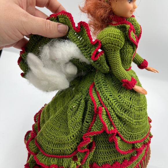 Vintage Scarlet Doll Crochet Dress Green Red Victorian Gown Handmade Barbie - Picture 10 of 10